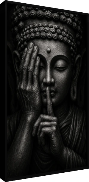 A close-up black and white image of a stone-textured Lord Buddha statue with one hand covering his eye and a finger on his lips. — floater frame preview | PrintPosters.in