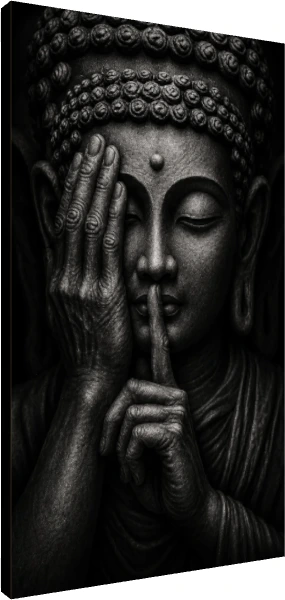A close-up black and white image of a stone-textured Lord Buddha statue with one hand covering his eye and a finger on his lips. | PrintPosters.in