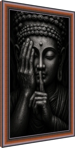 A close-up black and white image of a stone-textured Lord Buddha statue with one hand covering his eye and a finger on his lips. — photo frame preview | PrintPosters.in