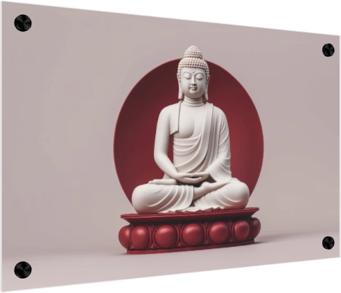 A minimalist white Buddha statue sitting in meditation against a bold red circular halo and pedestal. — acrylic preview | PrintPosters.in