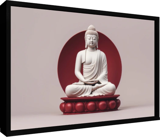 A minimalist white Buddha statue sitting in meditation against a bold red circular halo and pedestal. — floater frame preview | PrintPosters.in