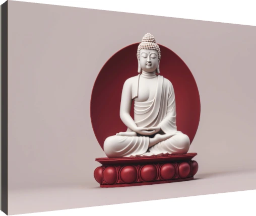 A minimalist white Buddha statue sitting in meditation against a bold red circular halo and pedestal. | PrintPosters.in