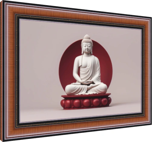 A minimalist white Buddha statue sitting in meditation against a bold red circular halo and pedestal. — photo frame preview | PrintPosters.in