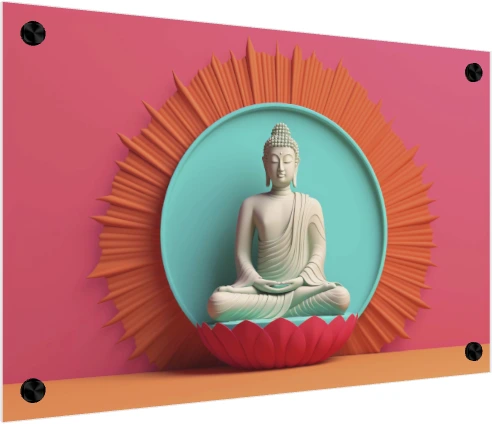 A 3D rendered minimalist white Buddha statue sitting in meditation on a pink lotus against a teal circle and orange sunburst. — acrylic preview | PrintPosters.in