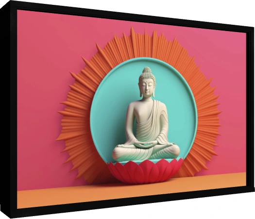 A 3D rendered minimalist white Buddha statue sitting in meditation on a pink lotus against a teal circle and orange sunburst. — floater frame preview | PrintPosters.in