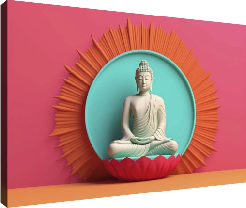 A 3D rendered minimalist white Buddha statue sitting in meditation on a pink lotus against a teal circle and orange sunburst. | PrintPosters.in