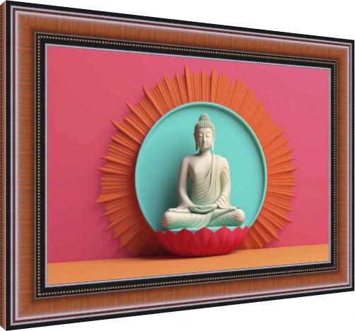 A 3D rendered minimalist white Buddha statue sitting in meditation on a pink lotus against a teal circle and orange sunburst. — photo frame preview | PrintPosters.in