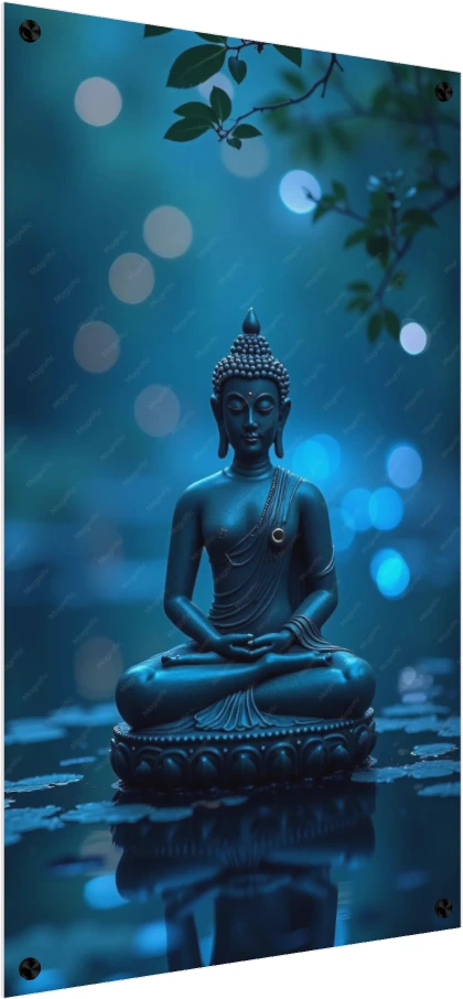 A serene blue-toned digital artwork of Lord Buddha meditating on a lotus pedestal with soft bokeh lights in the background. — acrylic preview | PrintPosters.in
