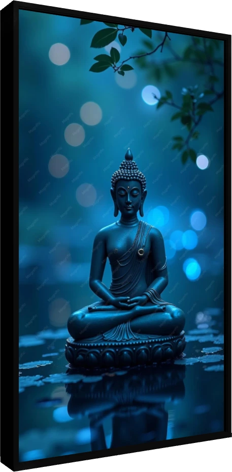A serene blue-toned digital artwork of Lord Buddha meditating on a lotus pedestal with soft bokeh lights in the background. — floater frame preview | PrintPosters.in