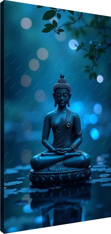 A serene blue-toned digital artwork of Lord Buddha meditating on a lotus pedestal with soft bokeh lights in the background. | PrintPosters.in