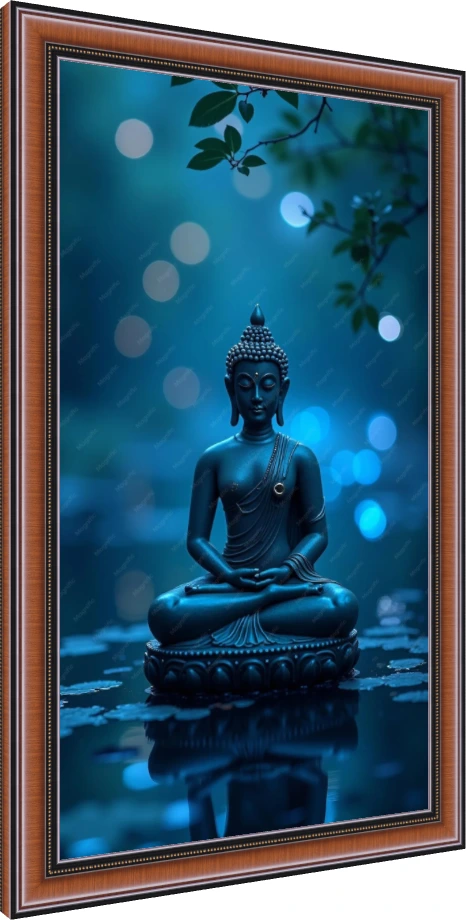 A serene blue-toned digital artwork of Lord Buddha meditating on a lotus pedestal with soft bokeh lights in the background. — photo frame preview | PrintPosters.in
