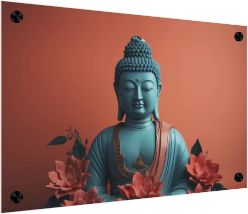 A serene turquoise-blue statue of Lord Buddha with closed eyes, surrounded by pink lotus flowers against a terracotta background. — acrylic preview | PrintPosters.in
