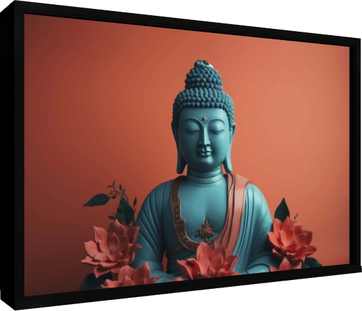 A serene turquoise-blue statue of Lord Buddha with closed eyes, surrounded by pink lotus flowers against a terracotta background. — floater frame preview | PrintPosters.in