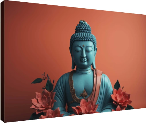 A serene turquoise-blue statue of Lord Buddha with closed eyes, surrounded by pink lotus flowers against a terracotta background. | PrintPosters.in
