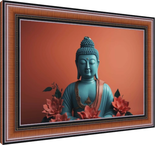 A serene turquoise-blue statue of Lord Buddha with closed eyes, surrounded by pink lotus flowers against a terracotta background. — photo frame preview | PrintPosters.in