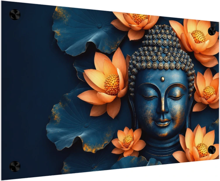 A serene midnight blue Lord Buddha head with gold accents, surrounded by vibrant orange lotus flowers and dark blue leaves. — acrylic preview | PrintPosters.in