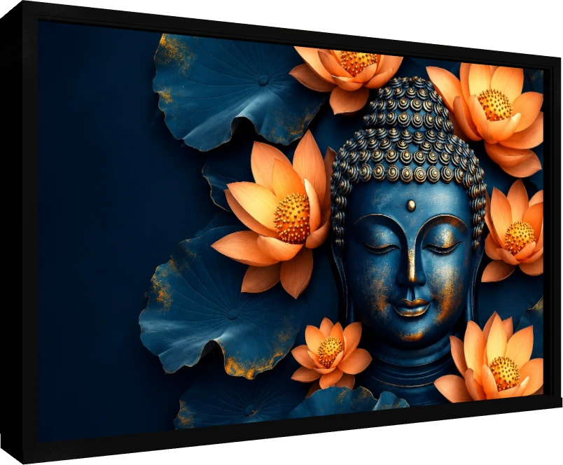 A serene midnight blue Lord Buddha head with gold accents, surrounded by vibrant orange lotus flowers and dark blue leaves. — floater frame preview | PrintPosters.in