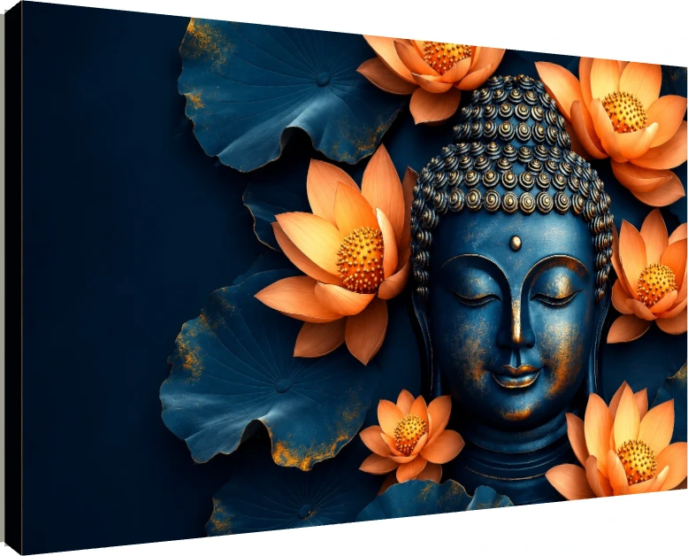 A serene midnight blue Lord Buddha head with gold accents, surrounded by vibrant orange lotus flowers and dark blue leaves. | PrintPosters.in