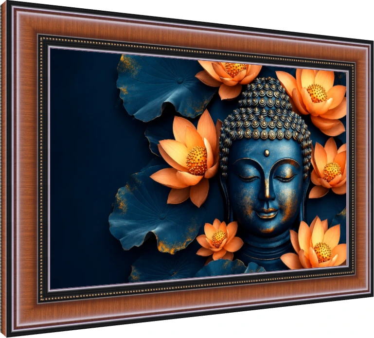 A serene midnight blue Lord Buddha head with gold accents, surrounded by vibrant orange lotus flowers and dark blue leaves. — photo frame preview | PrintPosters.in