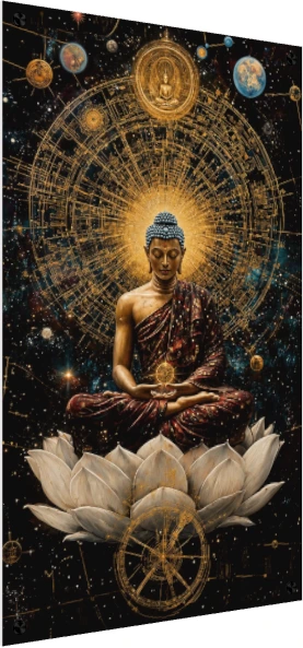 A serene digital painting of Lord Buddha meditating on a white lotus against a golden cosmic mandala and starry galaxy. — acrylic preview | PrintPosters.in