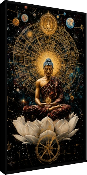 A serene digital painting of Lord Buddha meditating on a white lotus against a golden cosmic mandala and starry galaxy. — floater frame preview | PrintPosters.in