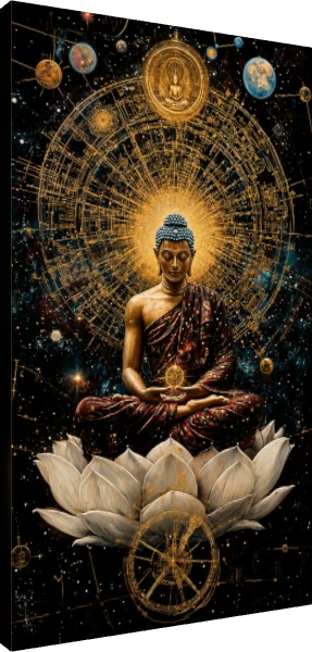A serene digital painting of Lord Buddha meditating on a white lotus against a golden cosmic mandala and starry galaxy. | PrintPosters.in