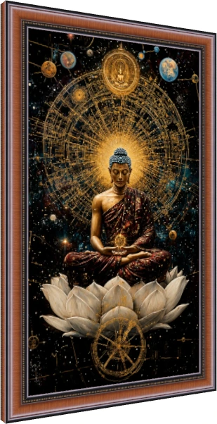 A serene digital painting of Lord Buddha meditating on a white lotus against a golden cosmic mandala and starry galaxy. — photo frame preview | PrintPosters.in