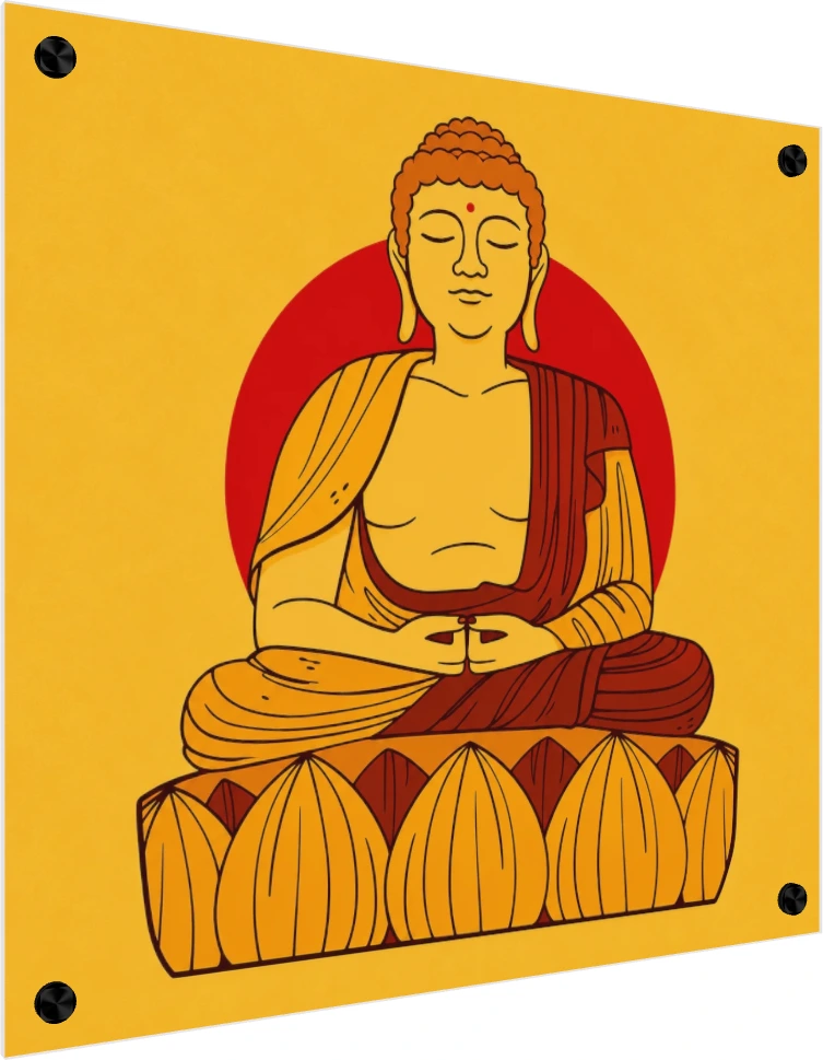 Vibrant pop art illustration of Lord Buddha meditating on a lotus with a red halo on a yellow background. — acrylic preview | PrintPosters.in
