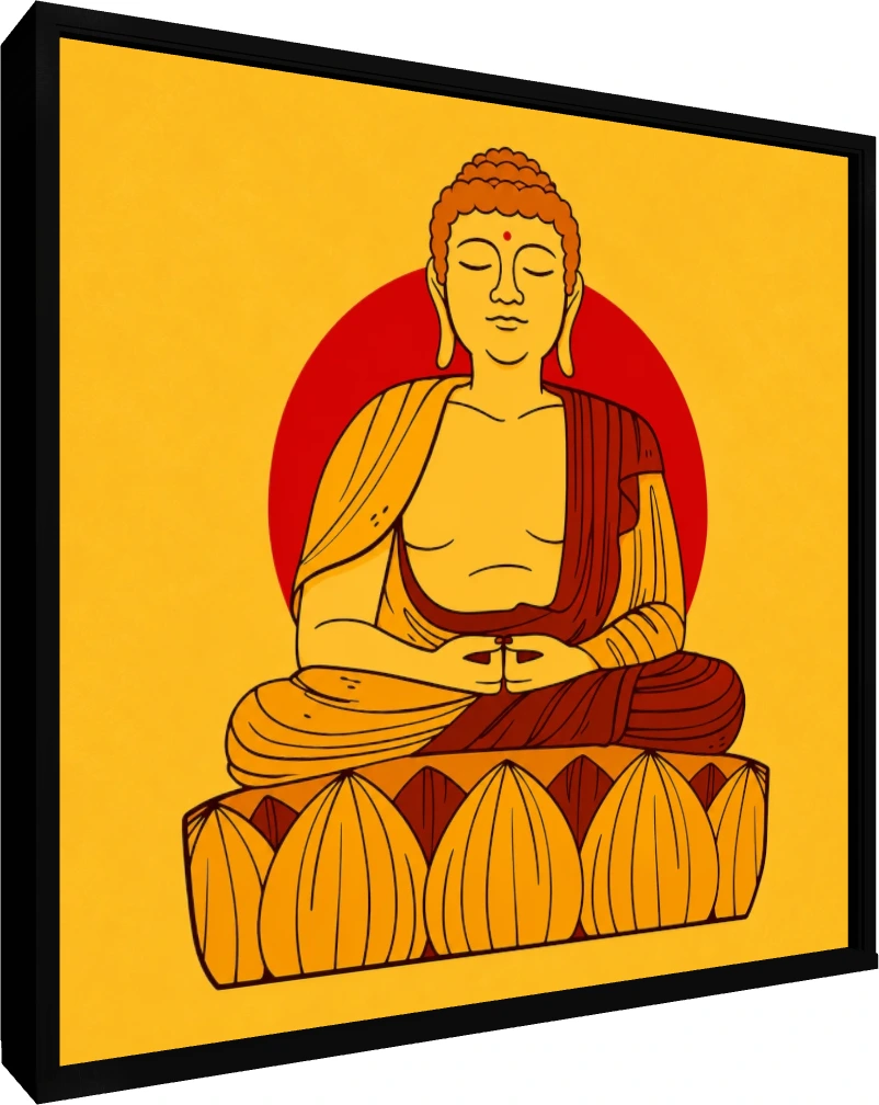 Vibrant pop art illustration of Lord Buddha meditating on a lotus with a red halo on a yellow background. — floater frame preview | PrintPosters.in