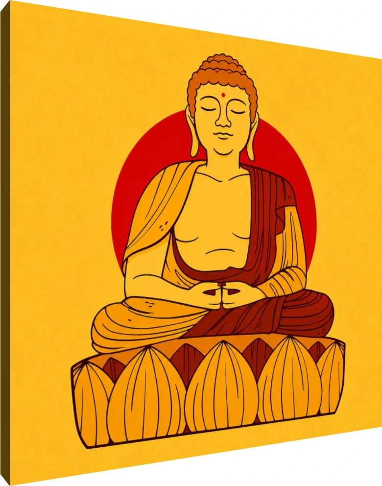 Vibrant pop art illustration of Lord Buddha meditating on a lotus with a red halo on a yellow background. | PrintPosters.in