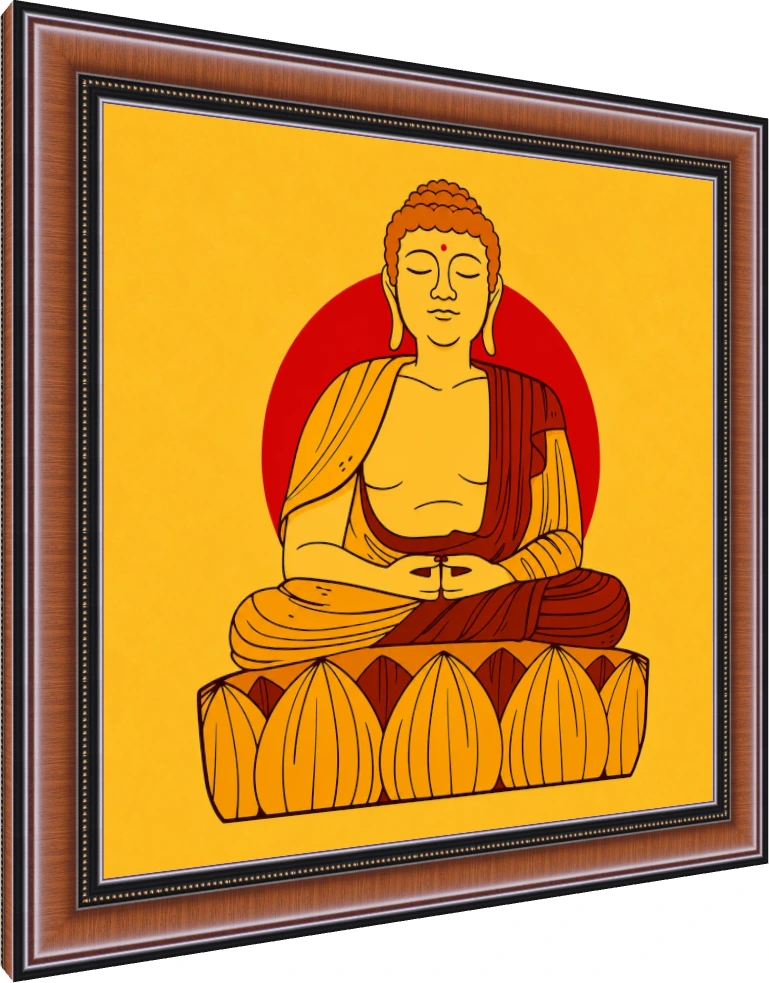 Vibrant pop art illustration of Lord Buddha meditating on a lotus with a red halo on a yellow background. — photo frame preview | PrintPosters.in