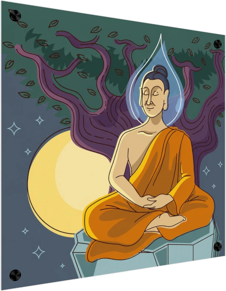 A modern vector illustration of Lord Buddha meditating under the Bodhi tree at night with a full moon. — acrylic preview | PrintPosters.in