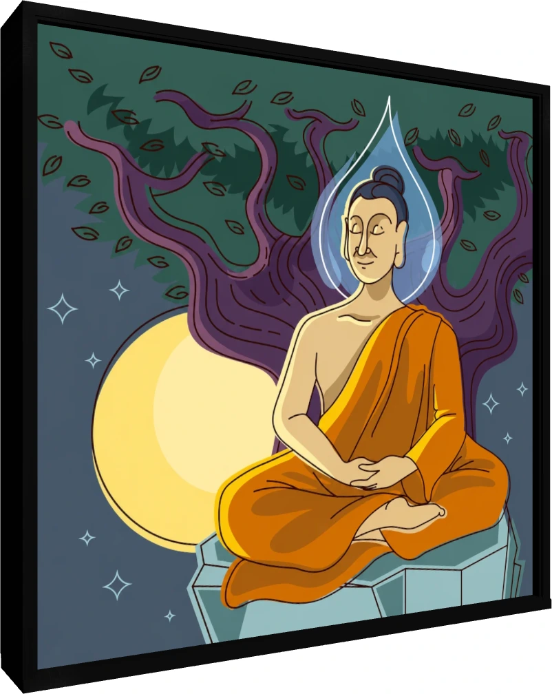 A modern vector illustration of Lord Buddha meditating under the Bodhi tree at night with a full moon. — floater frame preview | PrintPosters.in