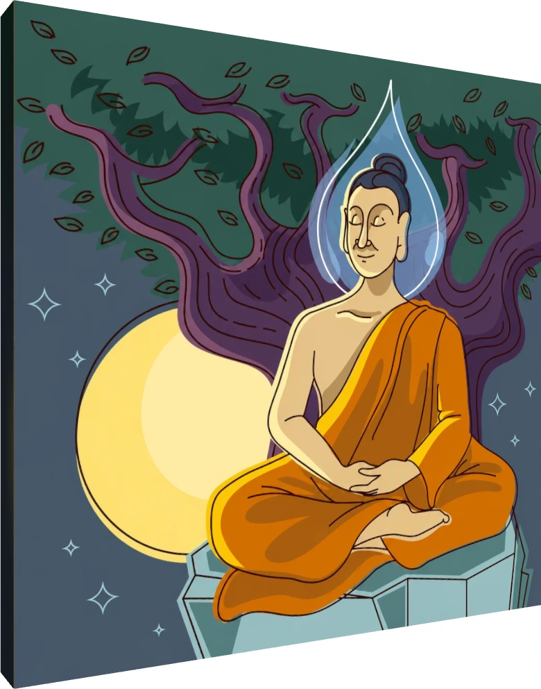 A modern vector illustration of Lord Buddha meditating under the Bodhi tree at night with a full moon. | PrintPosters.in