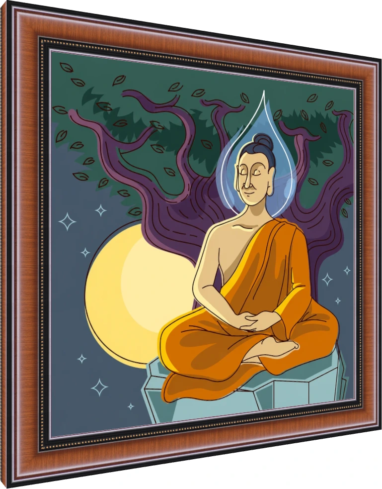 A modern vector illustration of Lord Buddha meditating under the Bodhi tree at night with a full moon. — photo frame preview | PrintPosters.in