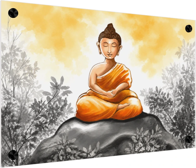 Watercolor painting of Lord Buddha meditating on a rock in saffron robes, surrounded by grayscale foliage. — acrylic preview | PrintPosters.in