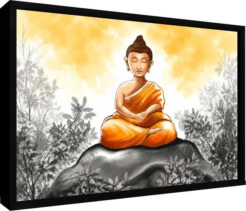 Watercolor painting of Lord Buddha meditating on a rock in saffron robes, surrounded by grayscale foliage. — floater frame preview | PrintPosters.in