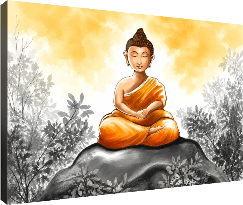 Watercolor painting of Lord Buddha meditating on a rock in saffron robes, surrounded by grayscale foliage. | PrintPosters.in