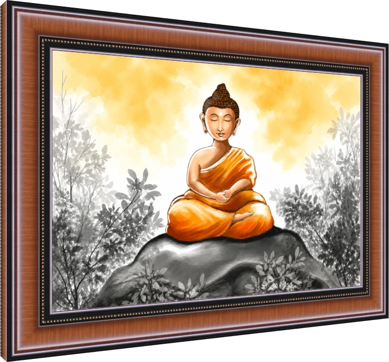 Watercolor painting of Lord Buddha meditating on a rock in saffron robes, surrounded by grayscale foliage. — photo frame preview | PrintPosters.in