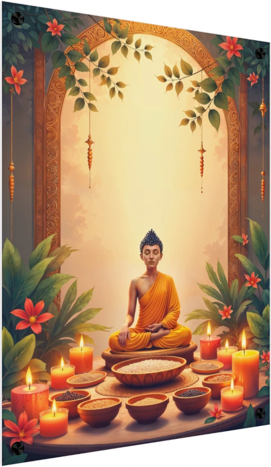 A serene digital painting of Gautama Buddha meditating in saffron robes, surrounded by glowing candles and bowls of grains. — acrylic preview | PrintPosters.in