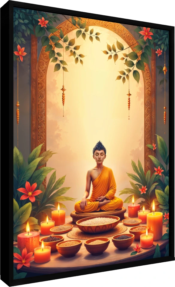 A serene digital painting of Gautama Buddha meditating in saffron robes, surrounded by glowing candles and bowls of grains. — floater frame preview | PrintPosters.in