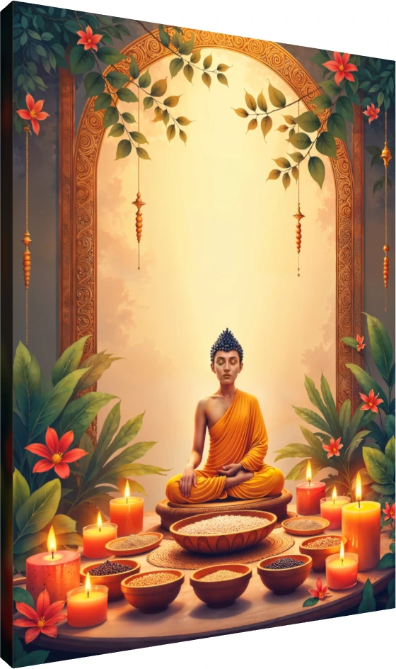 A serene digital painting of Gautama Buddha meditating in saffron robes, surrounded by glowing candles and bowls of grains. | PrintPosters.in