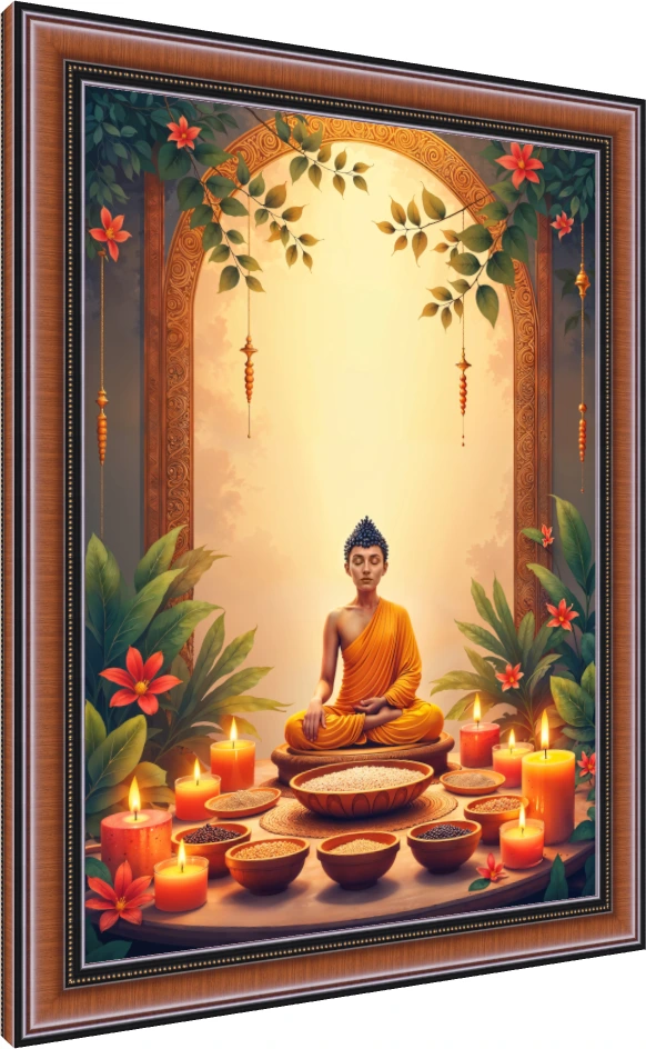 A serene digital painting of Gautama Buddha meditating in saffron robes, surrounded by glowing candles and bowls of grains. — photo frame preview | PrintPosters.in