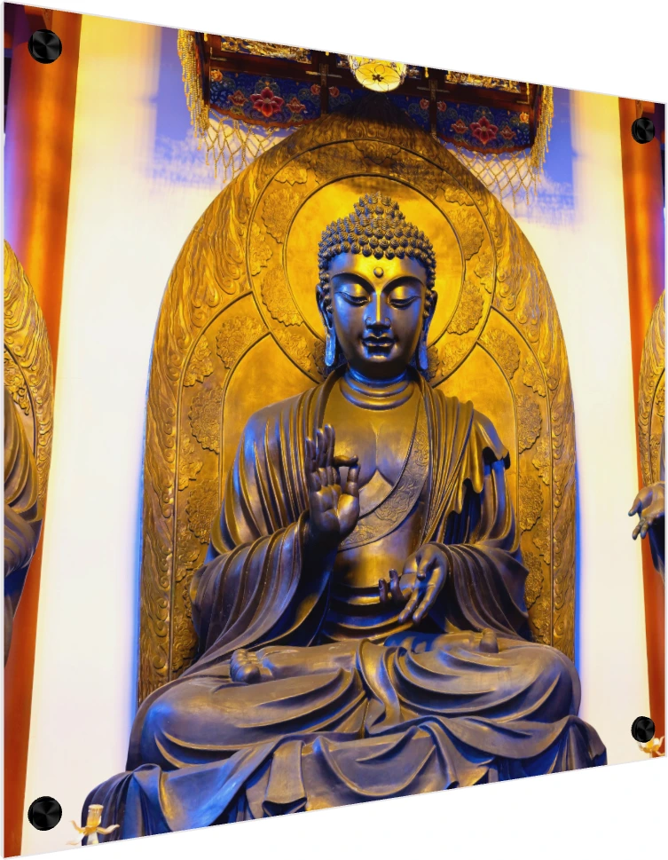 A majestic golden bronze statue of Gautama Buddha seated in meditation inside a temple shrine with warm overhead lighting. — acrylic preview | PrintPosters.in