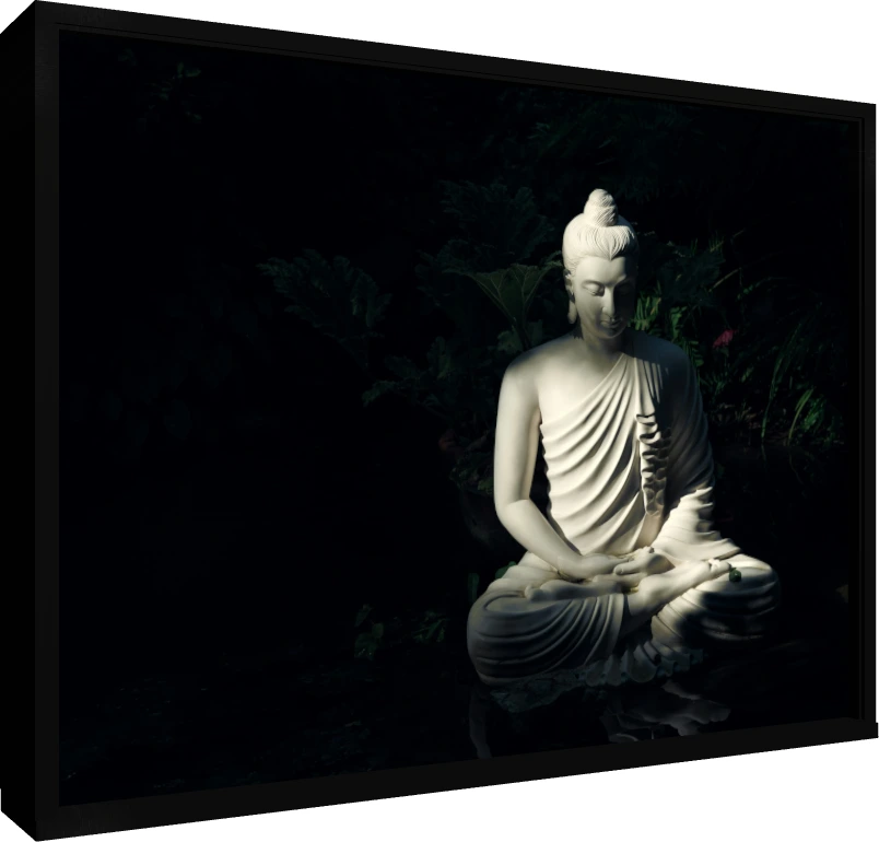 A serene white Gautama Buddha statue in meditation pose, illuminated by a dramatic light beam against a dark forest background. — floater frame preview | PrintPosters.in