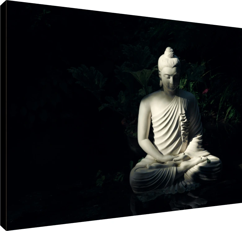 A serene white Gautama Buddha statue in meditation pose, illuminated by a dramatic light beam against a dark forest background. | PrintPosters.in