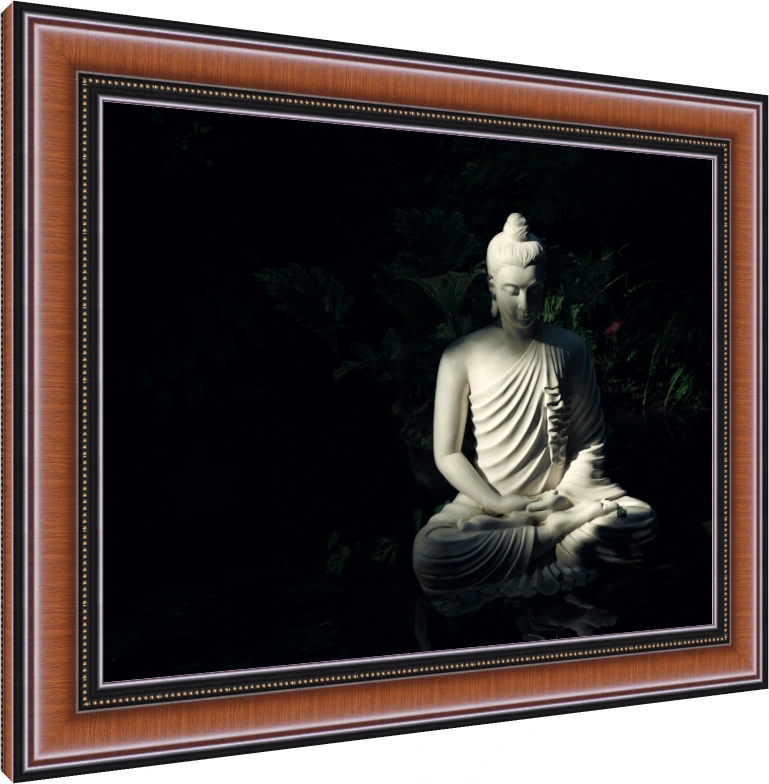 A serene white Gautama Buddha statue in meditation pose, illuminated by a dramatic light beam against a dark forest background. — photo frame preview | PrintPosters.in