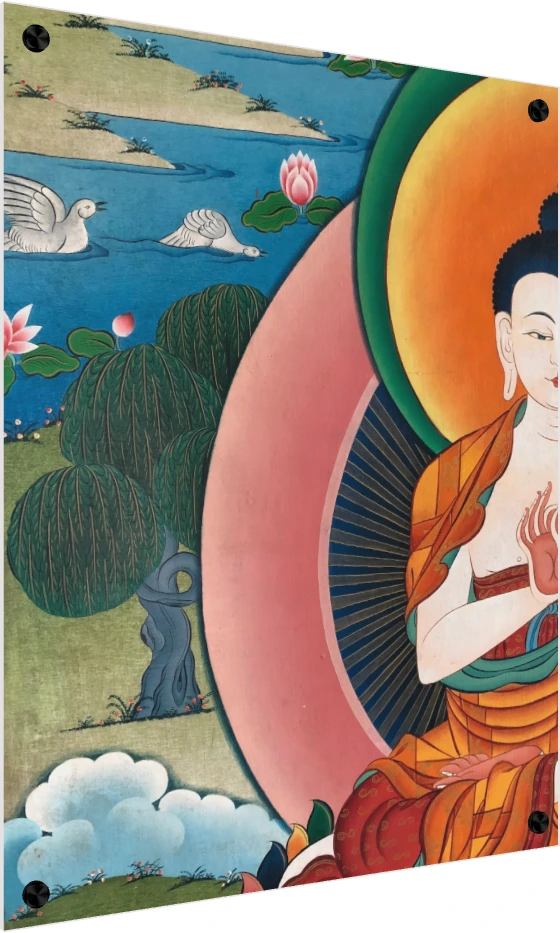 Traditional Tibetan Thangka painting showing a close-up of Lord Buddha with a colorful halo, serene landscape, and lotuses. — acrylic preview | PrintPosters.in