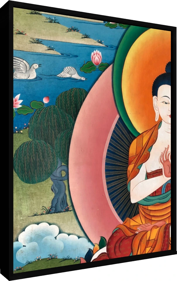 Traditional Tibetan Thangka painting showing a close-up of Lord Buddha with a colorful halo, serene landscape, and lotuses. — floater frame preview | PrintPosters.in