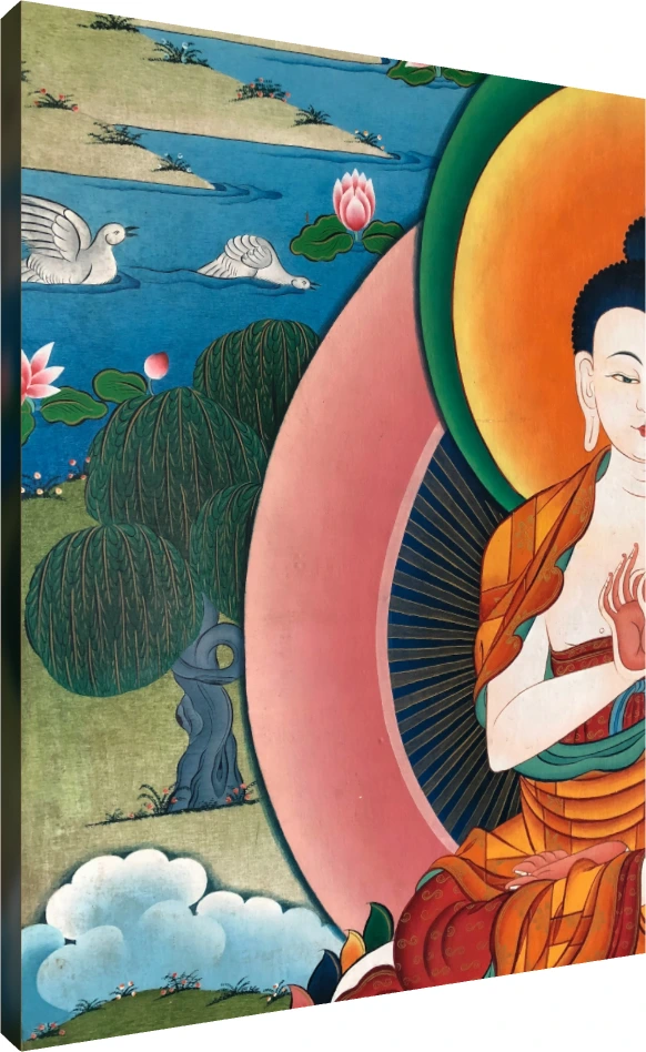 Traditional Tibetan Thangka painting showing a close-up of Lord Buddha with a colorful halo, serene landscape, and lotuses. | PrintPosters.in